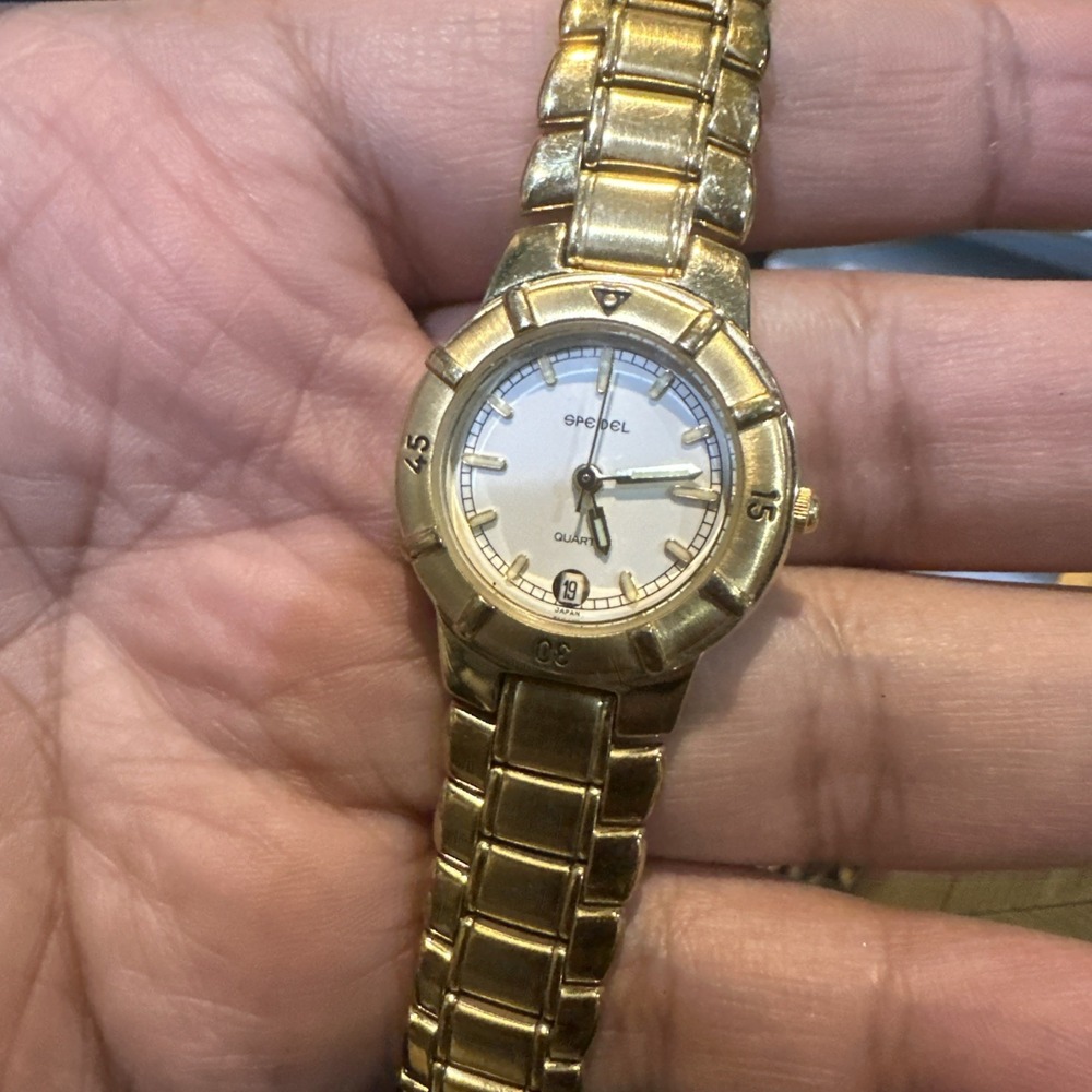 Works VTG Speidel Ladies Quartz Watch Gold Tone Date New Battery 26mm Fit 6.5"
